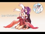  :o animal_ears blue_eyes breasts cape cararina gigandal_federation kara_(color) kneeling large_breasts letterboxed multiple_girls pixiv_fantasia pixiv_fantasia_3 pointy_ears purple_hair white_hair wings yellow_eyes 