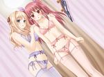  2girls blonde_hair bow breasts cameltoe cartains cleavage clothes_hanger dressing dressing_room embarrassed game_cg hair_bow hand_on_shoulder lingerie long_hair looking_at_viewer matsubara_yuuna multiple_girls oda_nanami red_hair shop shopping sono_hanabira_ni_kuchizuke_wo underwear 