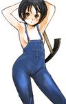  armpits black_hair blush breasts brown_eyes brown_hair hips kazaana naked_overalls original overalls pickaxe short_hair small_breasts solo 