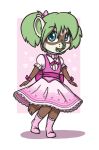 &lt;3 2018 aggie_(artist) anthro bow brown_fur clothed clothing collar cub cute_fangs digital_media_(artwork) dook_(lildooks) dress female ferret freckles fur green_eyes green_hair hair legwear mammal mustelid open_mouth pigtails simple_background smile socks solo standing teeth tongue young 