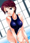  blue_eyes breast_squeeze breasts caustics competition_swimsuit copyright_request dutch_angle indoors large_breasts leaning_forward legs looking_at_viewer one-piece_swimsuit pool pool_ladder red_hair shinama short_hair solo swimsuit thighs water wet window 