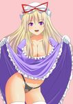  black_panties blonde_hair breasts dress dress_lift hat large_breasts long_hair panties purple_eyes rick.black solo thighhighs thighs thong touhou underwear white_legwear yakumo_yukari 