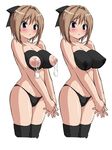  bad_id bad_pixiv_id blush bow breast_squeeze breasts brown_hair condom copyright_request hair_bow hands_clasped highres koku lactation lactation_through_clothes large_breasts nippleless_clothes nipples own_hands_together panties pubic_hair purple_eyes short_hair thighhighs underwear 