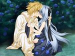  1girl ashe_(under_the_moon) blonde_hair blue_eyes blue_hair blush couple flower game_cg hetero kiss rose sena_(under_the_moon) toujou_sakana under_the_moon 