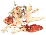  animal_ears barefoot breasts feet inari japanese_clothes kimono kongiku leaf leaves oboro_muramasa oboro_muramasa_youtouden 