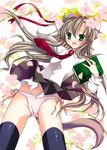  amou_mari animal_ears blush book cameltoe flower green_eyes grey_hair hat long_hair necktie open_mouth original panties ribbon side-tie_panties skirt solo striped striped_panties tail thighhighs underwear wind wind_lift 