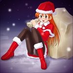  blush boots brown_eyes copyright_request crotch_seam hat lielos long_hair panties panties_under_pantyhose pantyhose pantyshot pantyshot_(sitting) red_hair sack santa_costume sitting snow solo underwear 