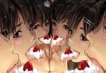  breast_press breasts brown_eyes brown_hair cake food fruit hair_ornament hairclip lineup multiple_girls nude ohigetan open_mouth original pastry saliva sexually_suggestive small_breasts strawberry symmetrical_docking tongue 