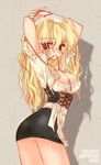  blonde_hair breasts hand_over_head lace long_hair mouth_hold red_eyes thighhighs 