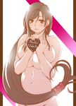  breast_press breast_squeeze breasts brown_eyes brown_hair covering covering_breasts earrings final_fantasy final_fantasy_vii fumizuki_misoka gift holding holding_gift huge_breasts incoming_gift jewelry long_hair low-tied_long_hair navel nude smile solo tifa_lockhart valentine 