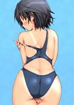  amagami ass back bad_id bad_pixiv_id black_hair blue_background blush brown_eyes competition_swimsuit from_behind looking_back nanasaki_ai one-piece_swimsuit one-piece_tan short_hair solo strap_slip swimsuit tan tanline thigh_gap tks46 