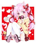  1girl alternate_hairstyle animal_ear_fluff animal_ears azur_lane bangs black_choker blush bow brown_footwear cat_ears cat_girl cat_tail chocolate chocolate_heart choker collarbone commentary_request covered_mouth eyebrows_visible_through_hair food full_body hair_between_eyes hair_bow hair_ornament hair_ribbon hands_together happy_valentine heart heart_hair_ornament heart_tail highres holding holding_food jewelry kisaragi_(azur_lane) long_sleeves off-shoulder_sweater own_hands_together pone purple_eyes red_background red_bow red_ribbon ribbon ring shoe_soles sleeves_past_wrists solo sweater tail thighhighs twintails two-tone_background white_background white_legwear yellow_sweater 