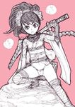  hachi_menou heavy_breathing holding holding_sword holding_weapon katana left-handed momohime monochrome no_pants oboro_muramasa panties pink_background ponytail sheath sketch solo sword sword_behind_back thighhighs underwear unsheathing weapon weapon_on_back 