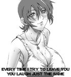  breasts cleavage copyright_request english greyscale huge_breasts jewelry monochrome necklace shibari_kana short_hair solo 