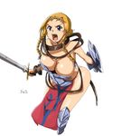  armor bad_id bad_pixiv_id blonde_hair blue_eyes braid breasts buckle cleavage highres large_breasts leina maaru queen's_blade revealing_clothes solo sword twin_braids twintails weapon 