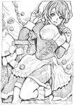  artist_request beret blush bow breasts chain coin dress flower frills greyscale hat large_breasts looking_at_viewer lying maid monochrome on_back open_mouth parted_lips ribbon rose shannon short_hair solo stuffed_animal stuffed_toy tattoo teddy_bear thighs umineko_no_naku_koro_ni 