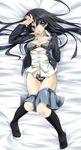  akiyama_mio bangs black_bra black_hair black_legwear black_panties blue_eyes blunt_bangs bra dakimakura full_body k-on! kneehighs lingerie long_hair lying open_clothes open_shirt panties school_uniform shirt skirt skirt_pull socks solo underwear yukinon_(tsuki_koubou) 