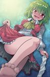  barefoot blush feet footwear foreshortening from_below green_hair kazami_yuuka kurokarasu pov red_eyes skirt_lift smile socks touhou youkai 