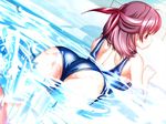  :t annoyed ass bent_over cameltoe chain-link_fence dutch_angle fence from_behind frown game_cg hair_ribbon hiide looking_back one-piece_swimsuit pool puffy_cheeks purple_eyes purple_hair ribbon school_swimsuit shiny shiny_clothes short_hair solo splashing swimsuit water yotsunoha yuzuki_iori 