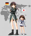  &gt;:( :o ankle_boots ass_visible_through_thighs bangs bare_legs black_bow black_footwear black_neckwear boots bow bowtie breasts brown_eyes child clothes_tug crossed_arms eyebrows_visible_through_hair frown full_body german_flag gertrud_barkhorn hair_ribbon height_difference japanese_flag long_hair long_sleeves looking_at_viewer low_twintails map medium_breasts military military_uniform miyafuji_yoshika multiple_girls no_pants no_socks one-piece_swimsuit open_mouth panties pantyshot pantyshot_(standing) pocket purple_hair ribbon sailor_collar school_swimsuit shiny shiny_hair shoes sleeves_past_wrists standing strike_witches swimsuit swimsuit_under_clothes tareme twintails umekichi underwear uniform v-shaped_eyebrows white_footwear world_witches_series 