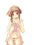  blush bow bow_panties brown_eyes brown_hair child collarbone copyright_request dress dress_lift embarrassed navel panties solo thighhighs toranosuke underwear 