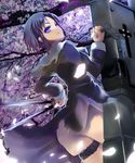  ass black_keys blue_eyes blue_hair cherry_blossoms ciel dress houen huge_weapon no_panties petals pile_bunker seventh_holy_scripture short_hair sidelocks solo sword thigh_strap torn_clothes tsukihime weapon 