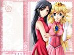  2girls black_hair blonde_hair blue_eyes china_dress chinese_clothes crown dress elbow_gloves gloves mario_(series) multiple_girls nail_polish nintendo open_mouth peach pink_dress princess_peach red_dress sharon smile super_mario_bros. waving white_gloves zoom_layer 