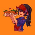  1girl absurdres apron black_hair blue_shirt blush collared_shirt cropped_torso fangs flag food hat highres holding holding_food hot_dog lettuce long_hair looking_at_viewer more_e_4km open_mouth orange_background original ponytail red_apron red_eyes red_flag red_hat shirt simple_background smile solo triangle upper_body 