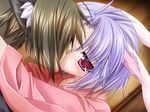  animal_ears blush bunny_ears cat_ears game_cg hug japanese_clothes kiss minazuki_haruka purple_hair red_eyes relict2 setsuna_(relict2) short_hair solo_focus 