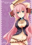  armpits bad_id bad_pixiv_id belt blue_eyes blush breasts cleavage groin kagato_(artist) large_breasts long_hair megurine_luka midriff musical_note navel no_panties pink_hair solo vocaloid 