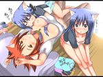  animal_ears between_breasts blue_eyes blue_hair breast_licking breasts cat_ears cat_tail cleavage closed_eyes collar downblouse hair_ornament hairclip large_breasts licking long_hair midriff multiple_girls navel original panties red_hair shiina_you_(tomoshibi) shiny shiny_skin short_hair siblings striped striped_panties sweatdrop tail twins underwear yellow_eyes yuri 