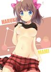  amami_haruka bad_id bad_pixiv_id blush bow breasts groin hair_bow idolmaster idolmaster_(classic) idolmaster_1 komone_ushio medium_breasts midriff navel nipples no_bra panties plaid plaid_skirt ribbon shirt_lift skirt solo underwear undressing 