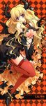  absurdres argyle argyle_background blonde_hair blush breasts carnelian character_name copyright_name cross-laced_clothes halloween highres horns large_breasts lilith_(yamibou) long_hair no_panties orange_background purple_eyes scan solo thighhighs underboob very_long_hair yami_to_boushi_to_hon_no_tabibito 