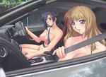  areolae blonde_hair blue_hair breasts car car_interior copyright_request earrings ground_vehicle highres jewelry large_breasts motor_vehicle multiple_girls nipples nissan nissan_gt-r nude public_nudity r1 right-hand_drive seatbelt sitting steering_wheel zenra 