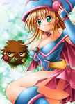  blonde_hair blush breasts cleavage dark_magician_girl duel_monster flower green_eyes jewelry kogarashi_(artist) kogarashi_(wind_of_winter) kuriboh lowres necklace rose thighhighs yu-gi-oh! yuu-gi-ou_duel_monsters 