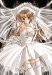  bdsm bondage bound bound_arms breasts brown_eyes brown_hair church cleavage dress hands_over_head long_hair thighhighs wedding_dress white_dress white_legwear white_thighhighs 