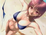  :p beach bikini bottomless breasts day from_above groin large_breasts navel original rasukaru red_eyes red_hair short_hair solo swimsuit tongue tongue_out 