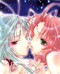  aqua_hair collar dears female green_eyes hand_holding kiss len long_hair miu miu_(dears) pink_hair red_eyes ren ren_(dears) yuri 