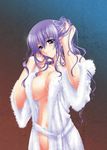  bathrobe breasts navel nude purple_eyes purple_hair smile 