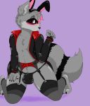  anthro blush bulge bunny_costume clothed clothing costume crossdressing dante_(raccoon) digital_media_(artwork) fake_ears fake_rabbit_ears fur girly grey_fur hand_up kneeling legwear lingerie looking_at_viewer male mammal panties partially_clothed procyonid raccoon solo underwear valvi369 