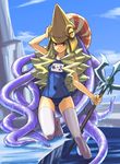  arm_up capcom_fighting_jam cloud day flat_chest genderswap genderswap_(mtf) hat highres ice kneeling long_hair midnight_bliss nool one-piece_swimsuit outdoors polearm red_eyes school_swimsuit sky solo squid swimsuit tentacles tetsu_(kimuchi) thighhighs trident wading warzard water wavy_hair weapon white_legwear zettai_ryouiki 