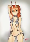  1girl bare_shoulders breasts collarbone cosplay cowboy_shot dated eyebrows_visible_through_hair fate/grand_order fate_(series) fujimaru_ritsuka_(female) gesundheit_(artist) hair_between_eyes hair_ornament hair_scrunchie hand_behind_head hand_on_hip highres horns looking_at_viewer navel orange_hair revealing_clothes scrunchie shuten_douji_(fate/grand_order) shuten_douji_(fate/grand_order)_(cosplay) side_ponytail signature small_breasts smile solo yellow_eyes yellow_scrunchie 