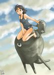  awatake_takahiro barefoot black_hair blue_eyes creature flying legs one-piece_swimsuit original school_swimsuit solo swimsuit 