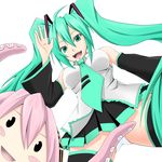  bad_id bad_pixiv_id detached_sleeves from_below green_eyes green_hair hatsune_miku long_hair megurine_luka panties pantyshot pink_hair shuugetsu_karasu takoluka thighhighs twintails underwear upskirt very_long_hair vocaloid white_panties 