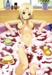  absurdres back_scrubber bath bathing bathtub blonde_hair breasts brown_eyes copyright_request highres koutaro long_hair medium_breasts navel nipples non-web_source nude rubber_duck smile soap_bottle solo yellow_eyes 