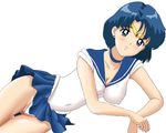  1girl arm_support bishoujo_senshi_sailor_moon blue_eyes blue_hair blush cameltoe gluteal_fold looking_at_viewer lying mizuno_ami on_side panties sailor_mercury short_hair simple_background smile tiara tsukiyo_no_ribbon white_background white_panties 