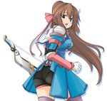  armor ass bow_(weapon) brown_eyes brown_hair gloves hair_ribbon kurenasm long_hair looking_back pantylines ribbon saionji_reimi smile solo star_ocean star_ocean_the_last_hope thighhighs weapon 