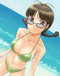  akizuki_ritsuko antenna_hair beach bikini braid breasts brown_eyes brown_hair cleavage day dutch_angle glasses idolmaster idolmaster_(classic) idolmaster_1 large_breasts muhi11234 ocean outdoors sky solo swimsuit twin_braids 