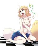  bad_id bad_pixiv_id barefoot blonde_hair bra candy checkered checkered_floor food hair_ornament hairclip highres kagamine_rin koyoi_mitsuki lingerie lollipop navel open_mouth perspective short_hair sitting skirt solo tongue underwear vocaloid 