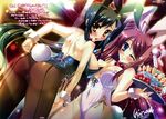  2girls absurdres animal_ears ass breasts bunny_ears bunnysuit cleavage feathers fishnet_pantyhose fishnets highres kan'u katagiri_hinata koihime_musou large_breasts long_hair multiple_girls official_art one_eye_closed pantyhose plate red_hair ryuubi side_ponytail signature thighhighs translation_request very_long_hair 